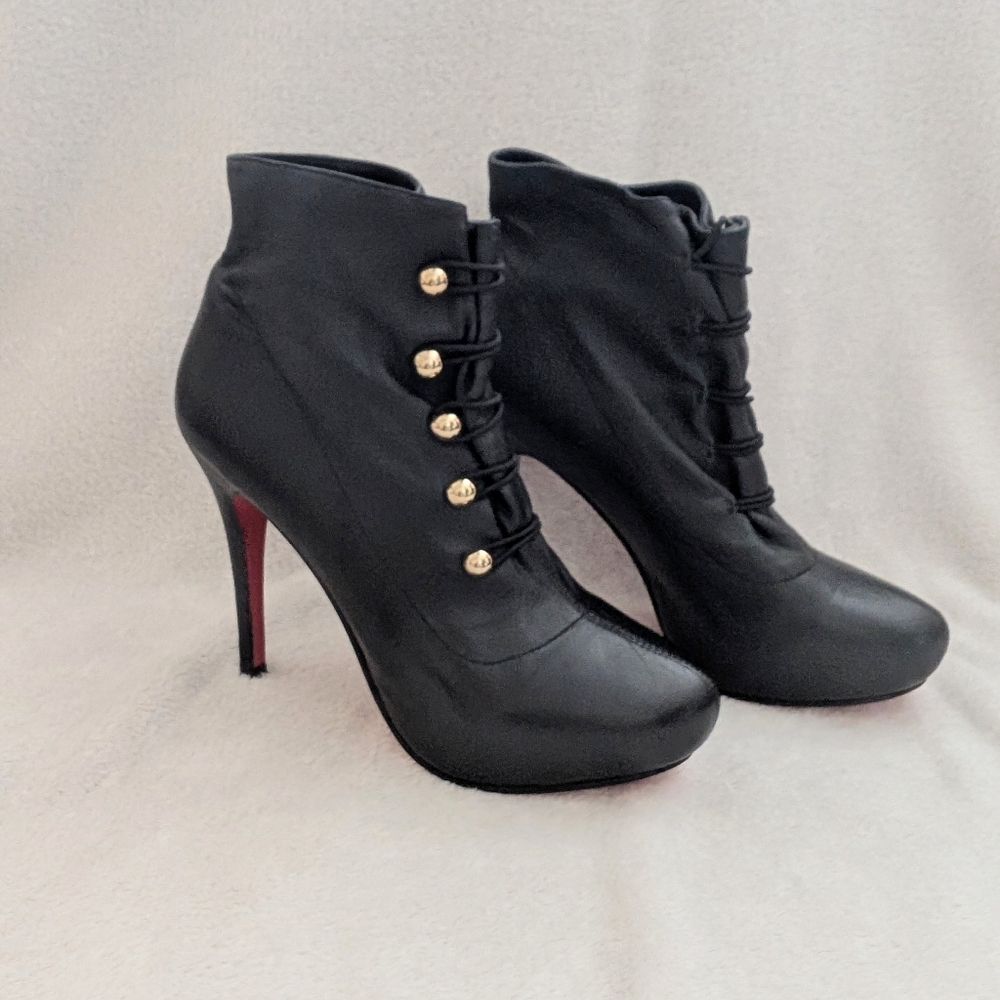 Christian Louboutin Vintage Soft Black Heeled Ankle Boots with Gold Buttons - Picture 2 of 9